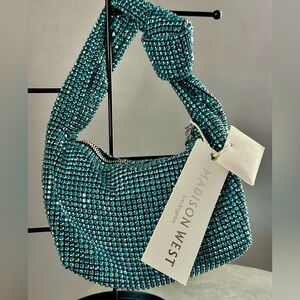 NWT Madison Weat Los Angeles Aqua Blue Color Crystal Purse, Bling Handbag